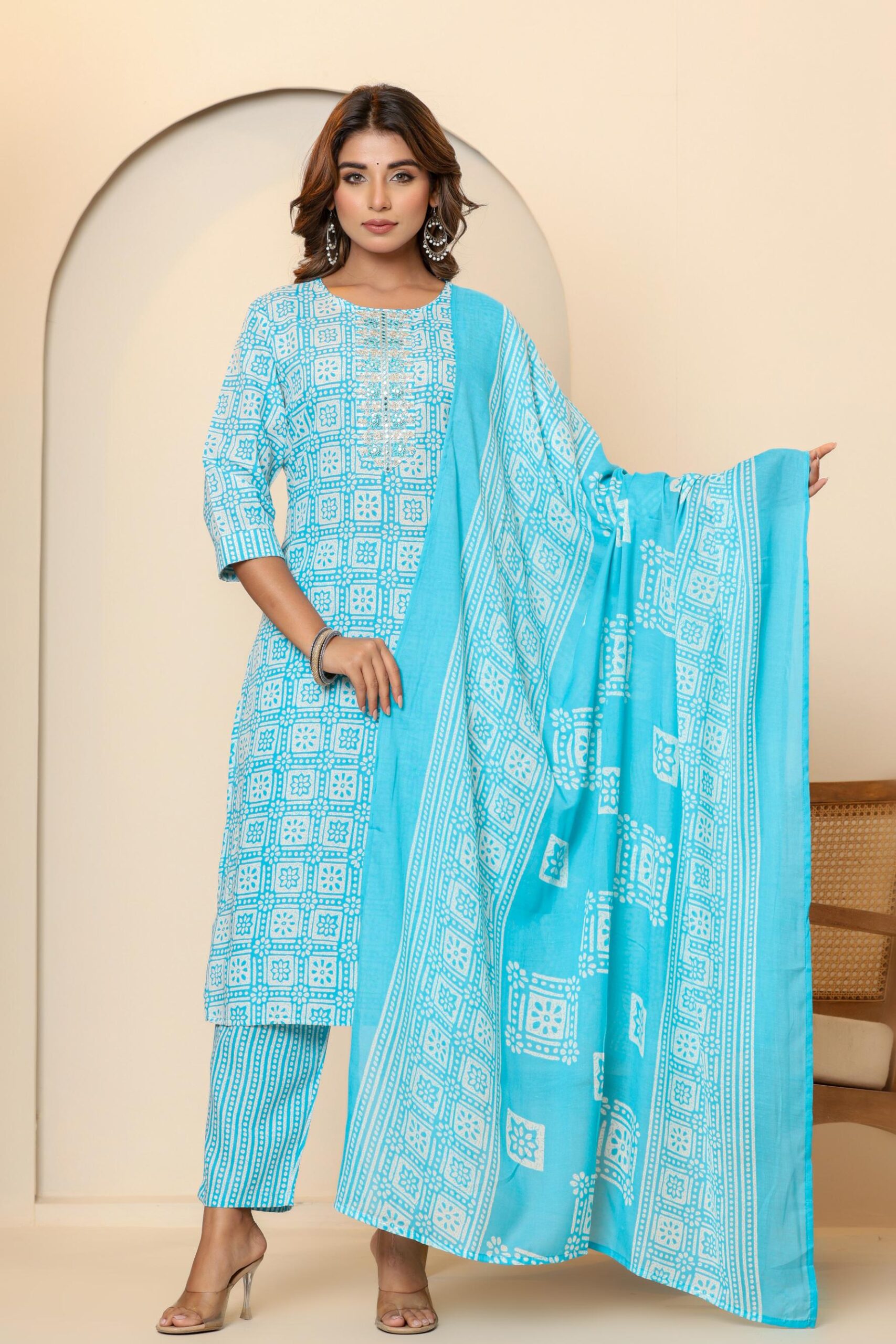 Light Blue Cotton Kurta Set with White Geometric and Floral Patterns - Image 8