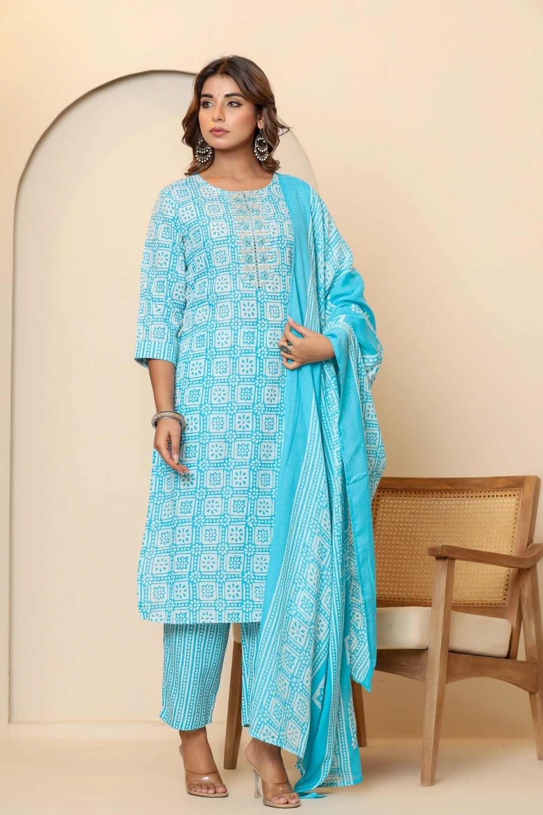 Light Blue Cotton Kurta Set with White Geometric and Floral Patterns