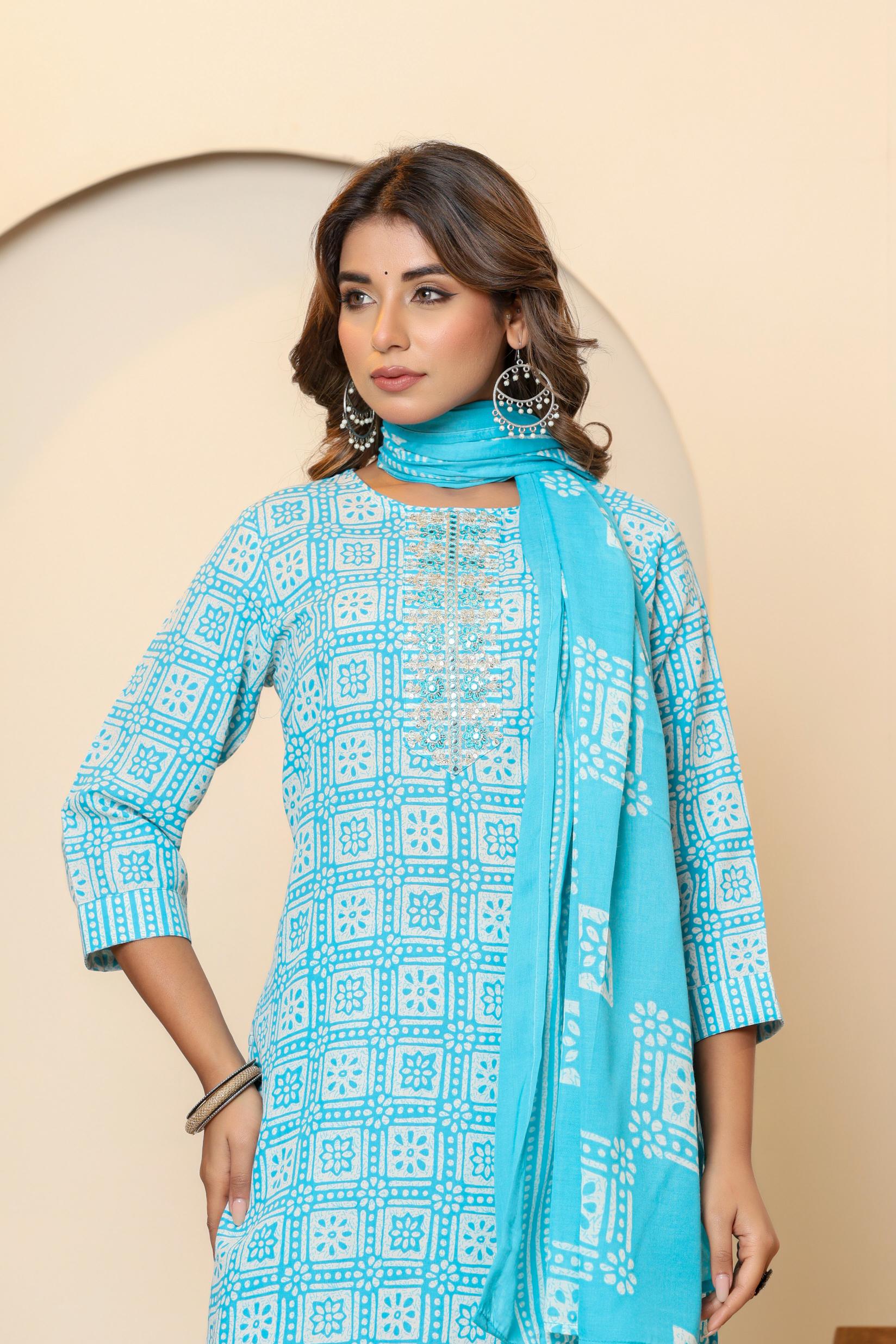 Light Blue Cotton Kurta Set with White Geometric and Floral Patterns - Image 3