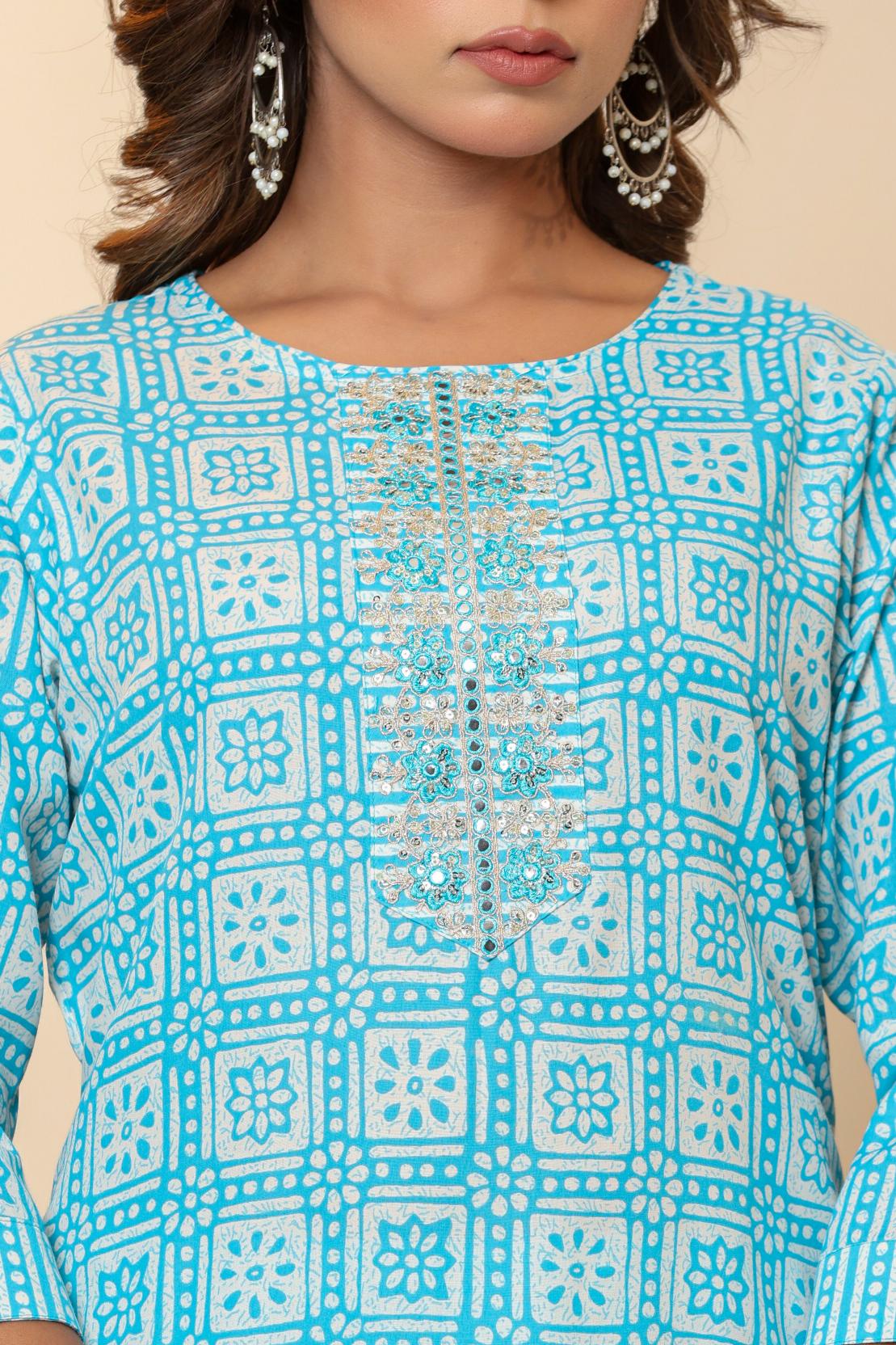 Light Blue Cotton Kurta Set with White Geometric and Floral Patterns - Image 4