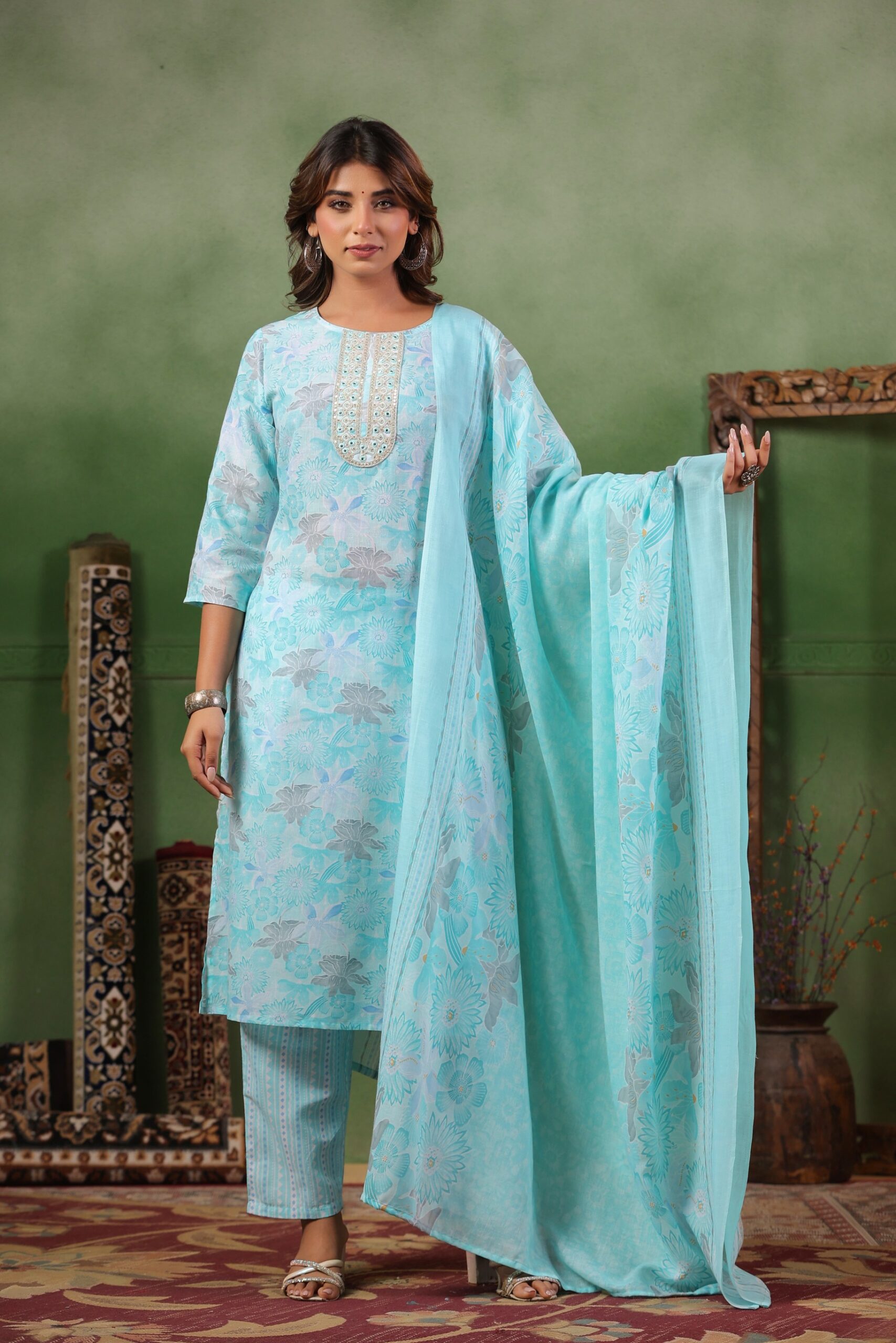Light Blue Cotton Kurta Set with Floral Embroidery and Matching Dupatta - Image 8