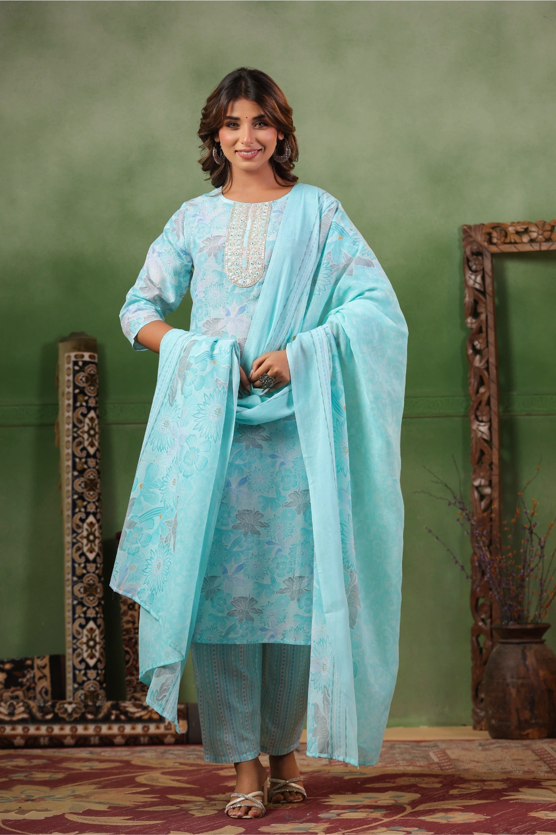 Light Blue Cotton Kurta Set with Floral Embroidery and Matching Dupatta
