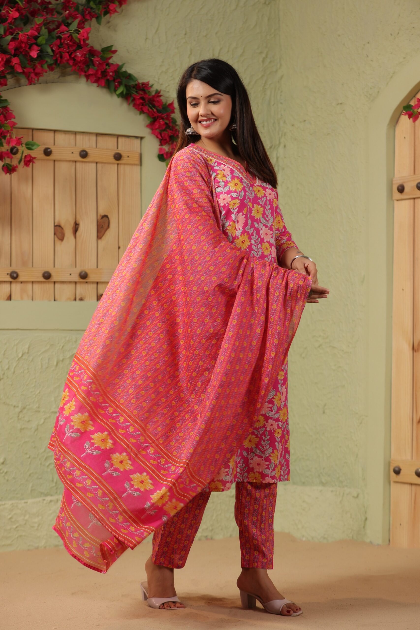 Red Pink Cotton Kurta Set with White Floral Embroidery and V Neck - Image 2