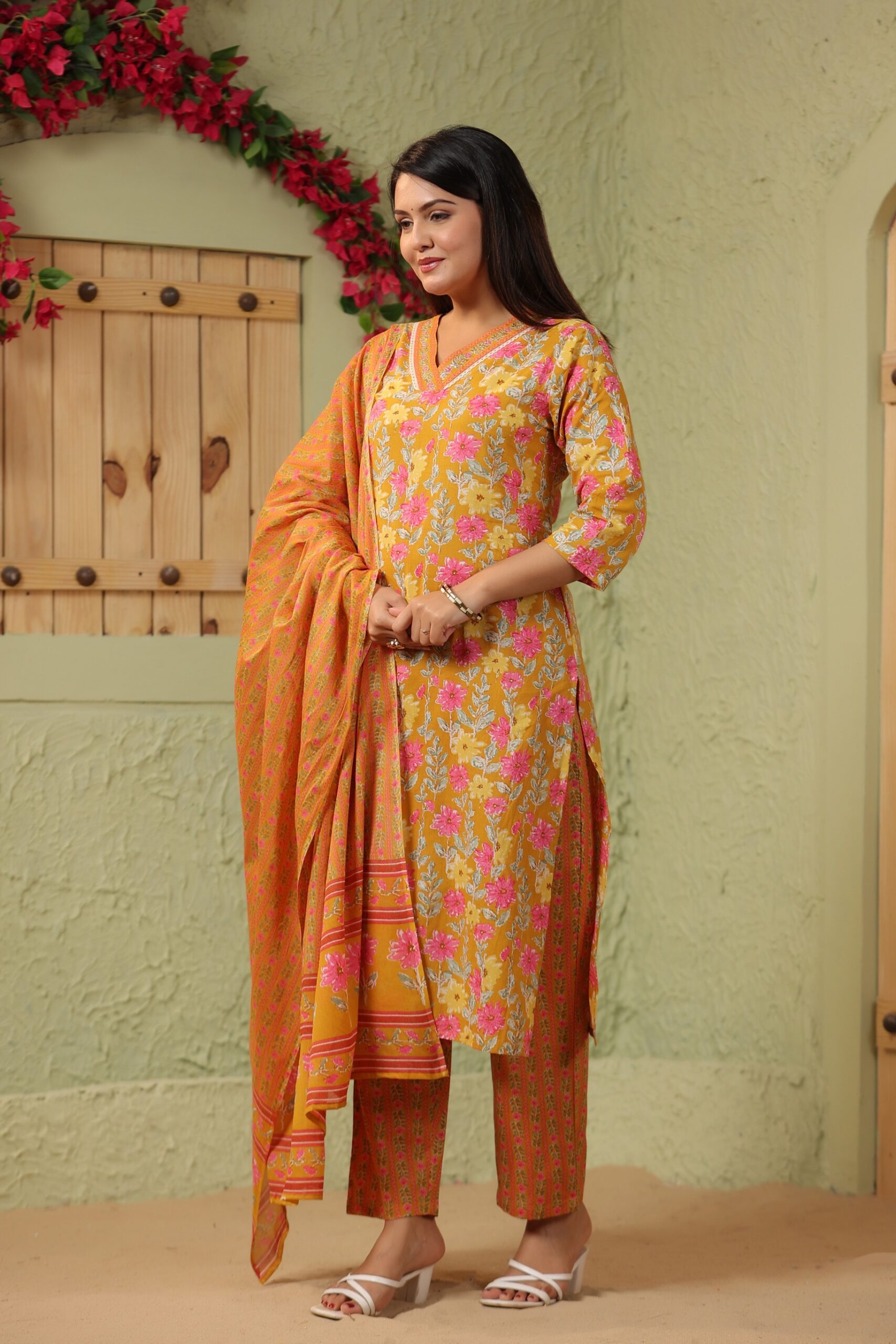 Mustard Yellow Cotton Kurta Set with Pink and White Floral Pattern - Image 5