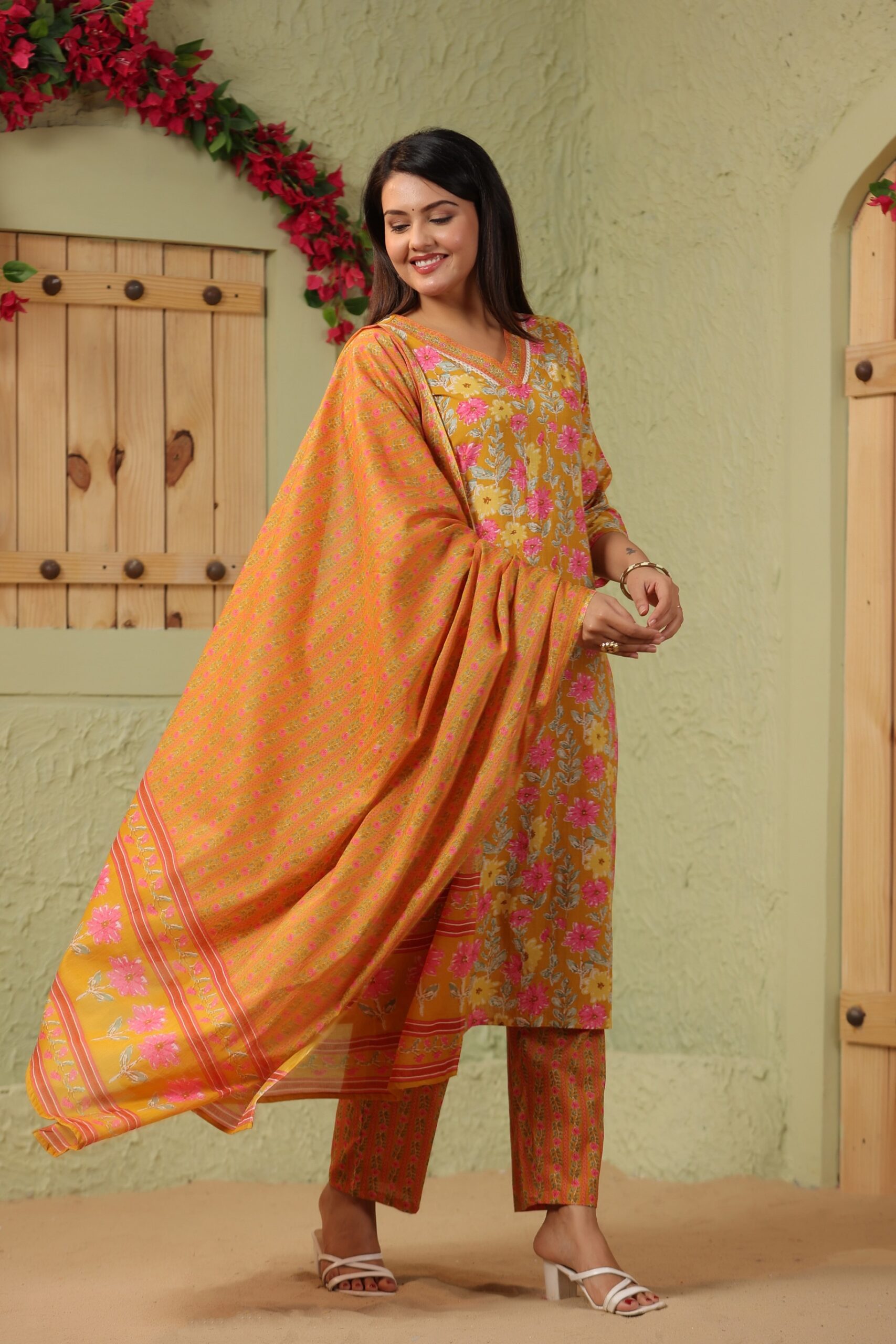 Mustard Yellow Cotton Kurta Set with Pink and White Floral Pattern - Image 6