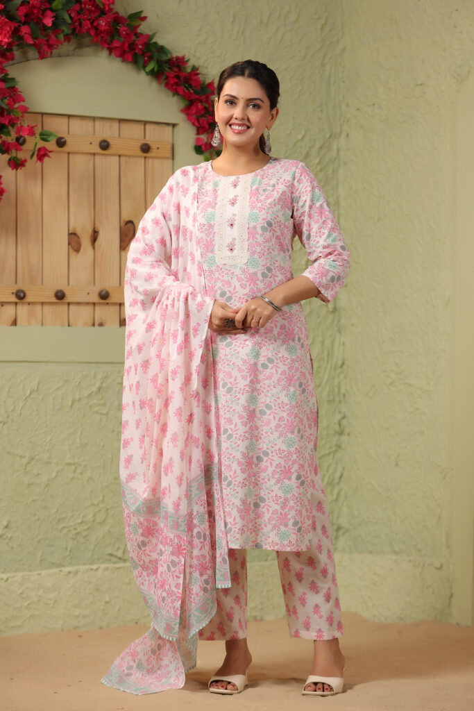 White Cotton Kurta Set with Pink Floral Patterns and Round Neck