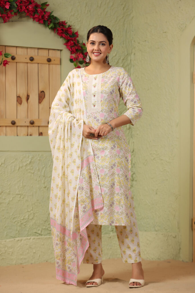 Off-White Cotton Kurta Set with Yellow and Pink Floral Patterns and Round Neck