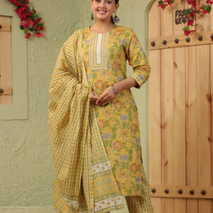 Yellow Cotton Kurta Set with Floral Patterns and Round Neck