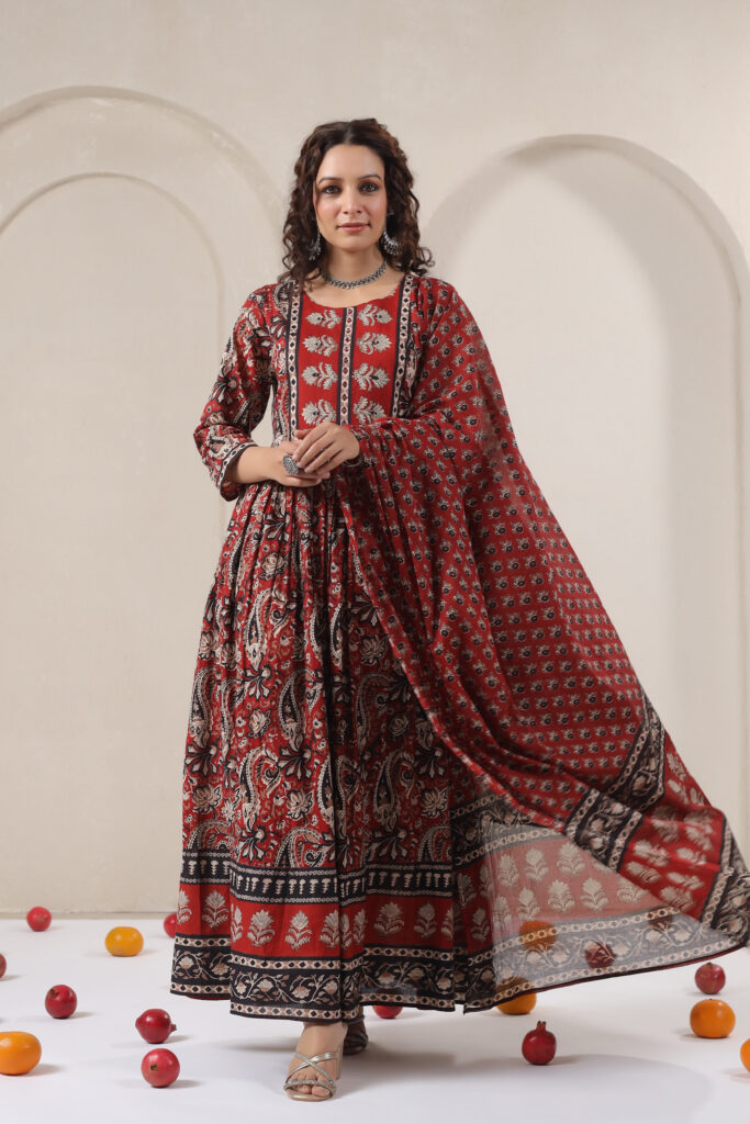 Red Traditional Cotton Kurta Set with Black and White Paisley and Floral Patterns