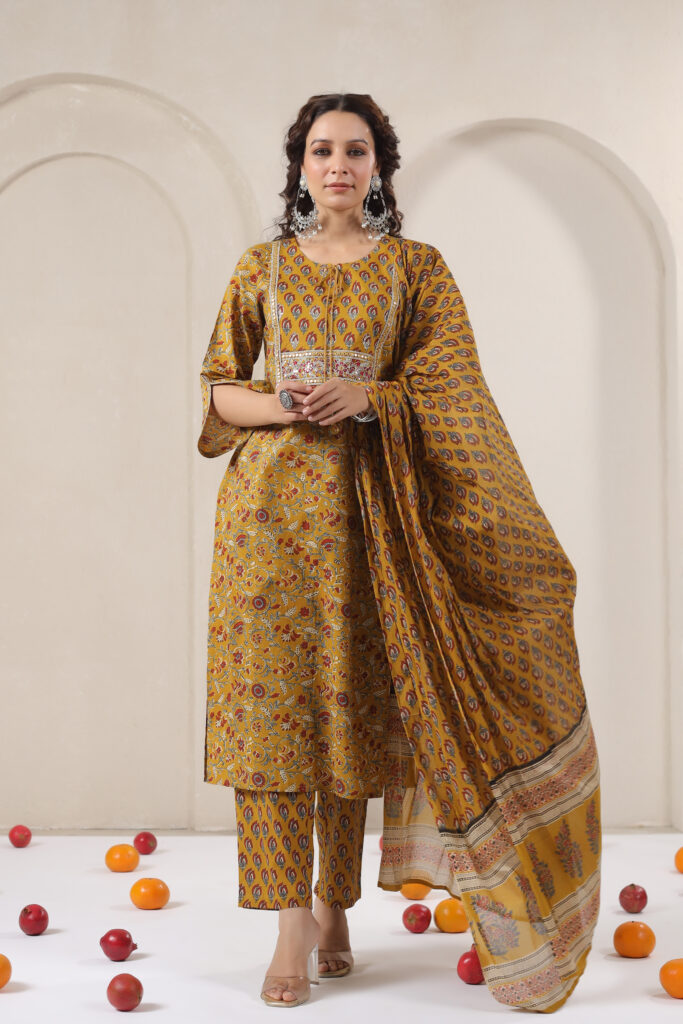 Yellow Cotton Kurta Set with Intricate Maroon Floral and Geometric Patterns