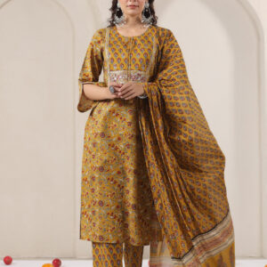 Yellow Cotton Kurta Set with Intricate Maroon Floral and Geometric Patterns